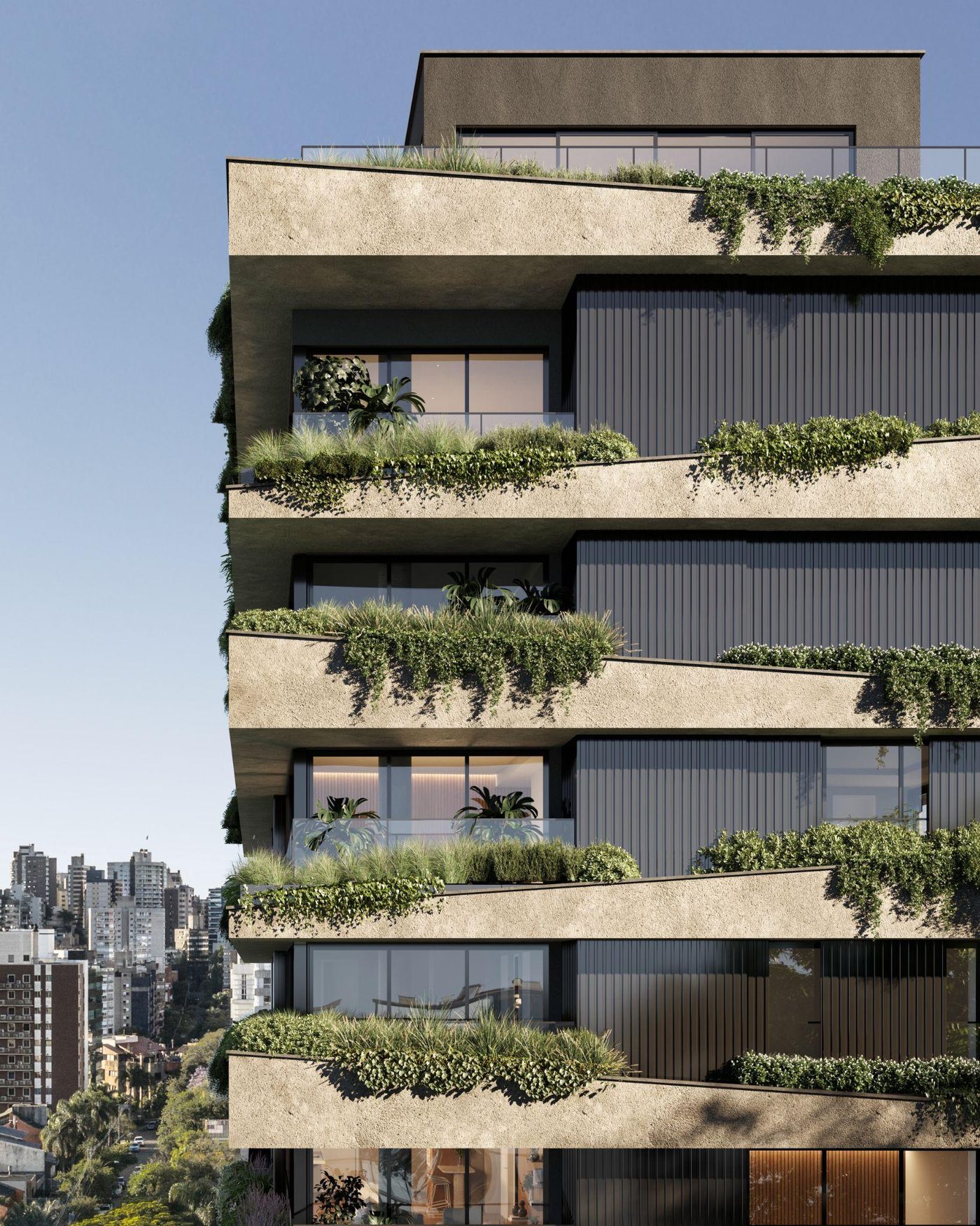 Detalhe da fachada com floreiras e concreto aparente