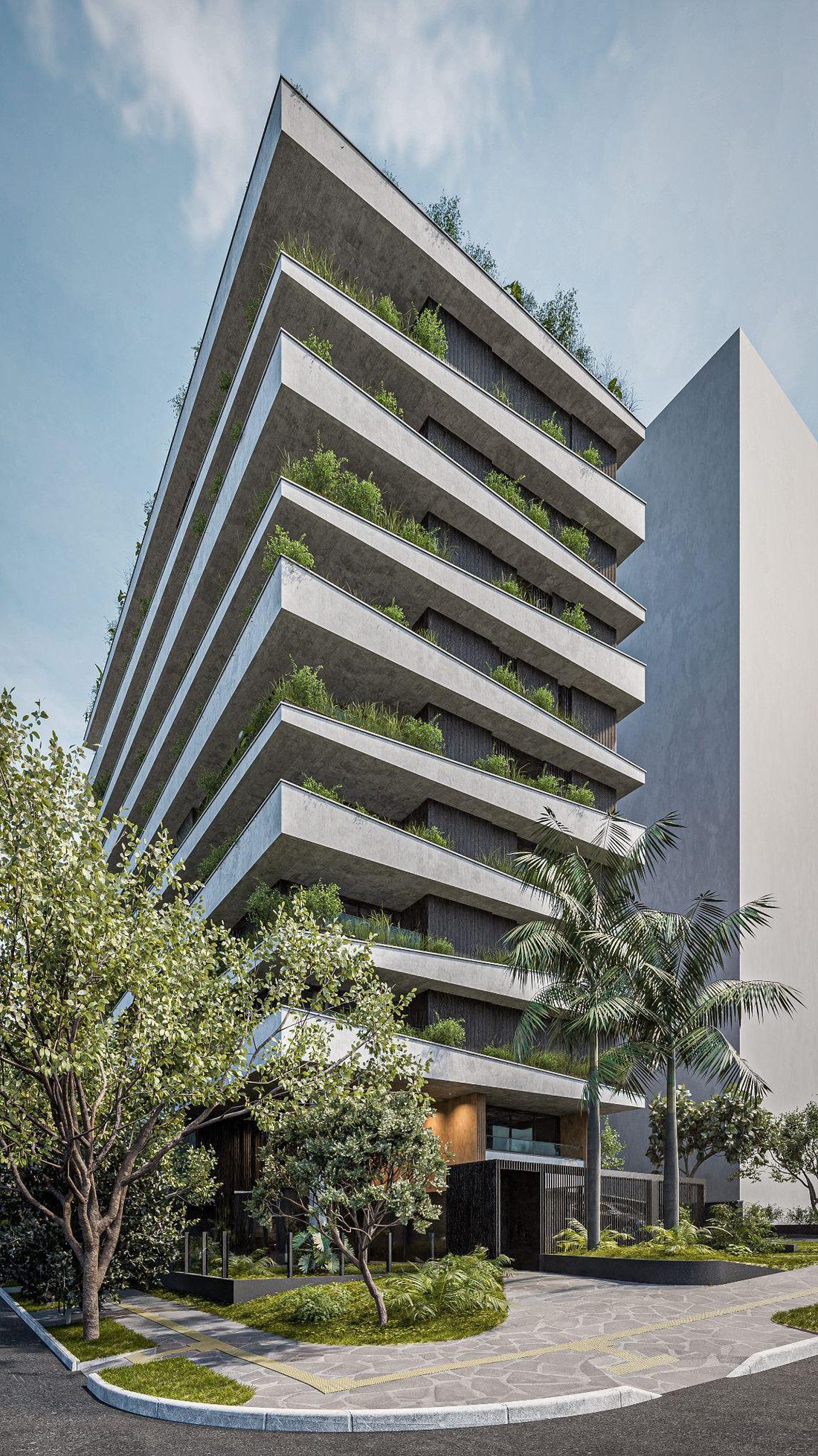 Fachada do Casa Gardel com vegetação no concreto aparente
