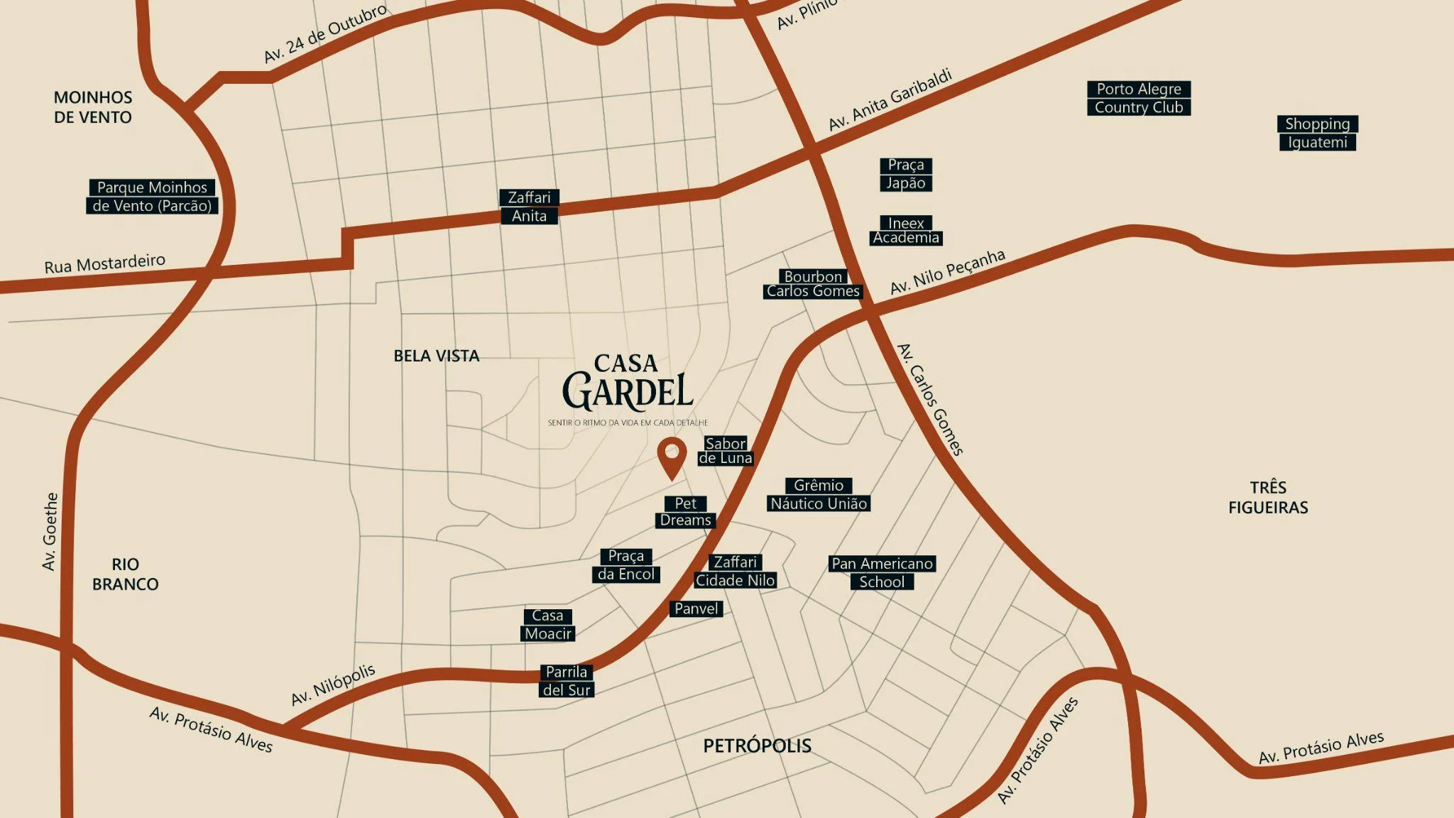 Mapa da região do Casa Gardel no Bela Vista, próximo à Praça da Encol