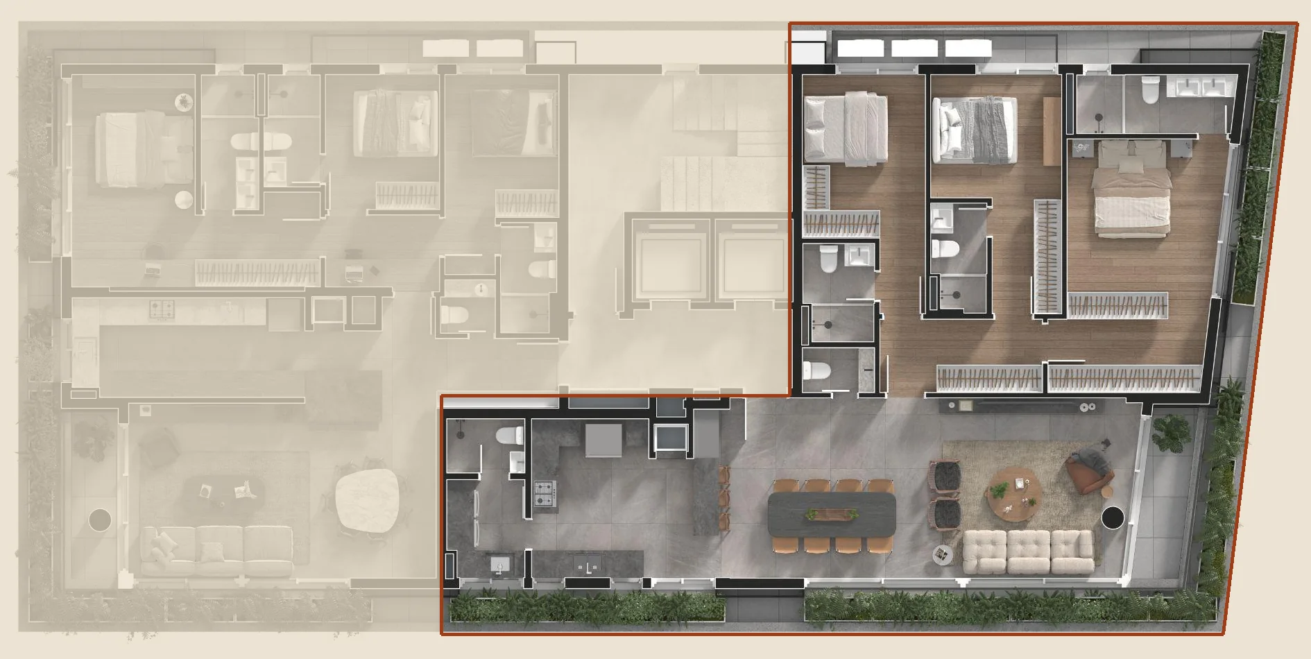 Planta humanizada do apartamento de 138 m² com 3 suítes