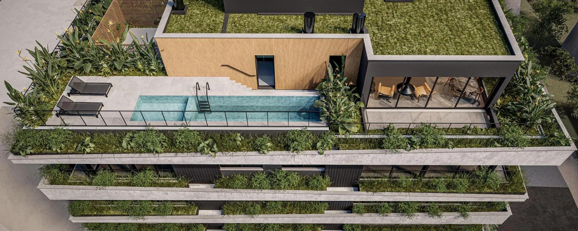 Vista aérea do rooftop com piscina e paisagismo