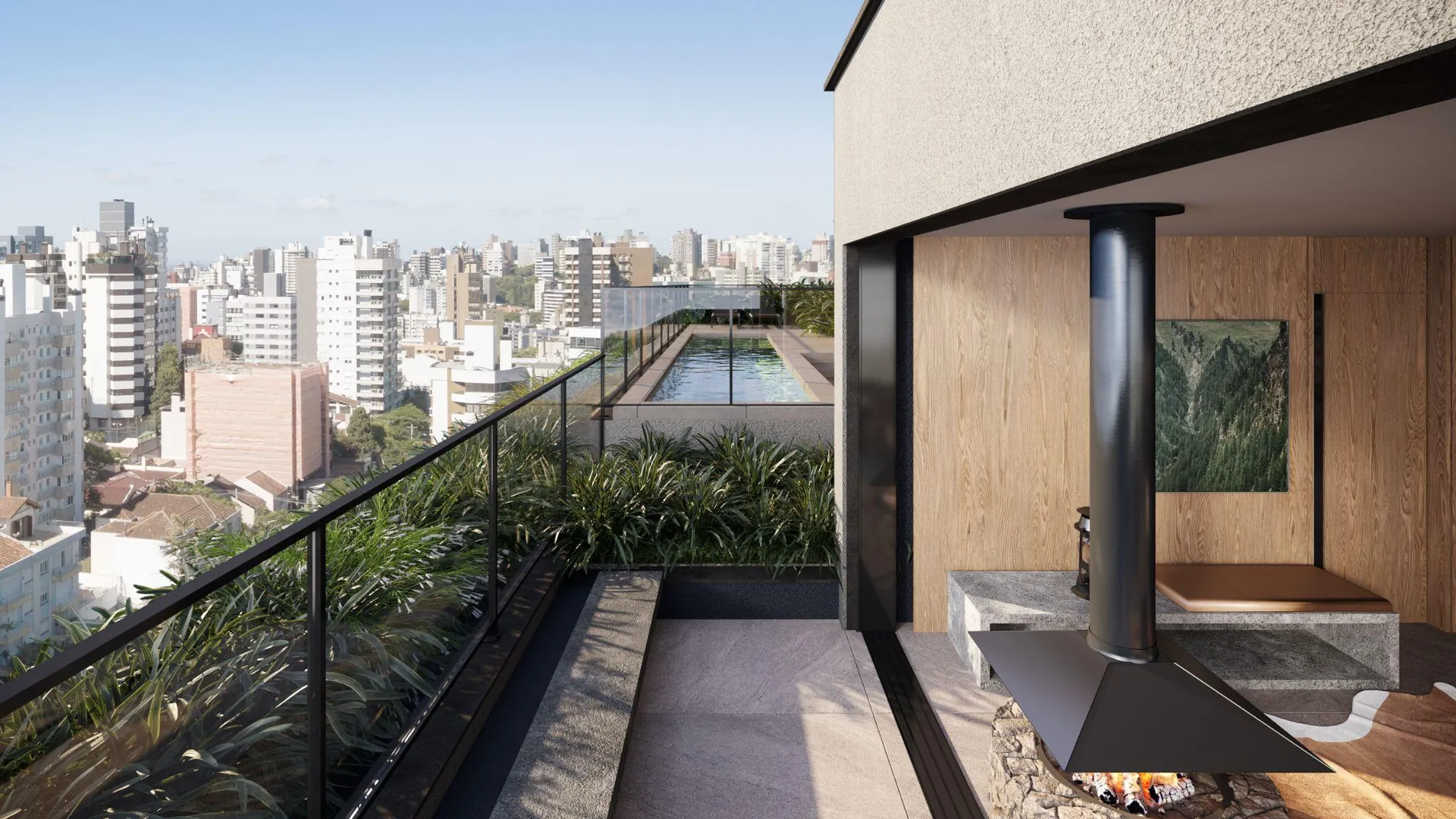 Rooftop com lareira e vista da cidade