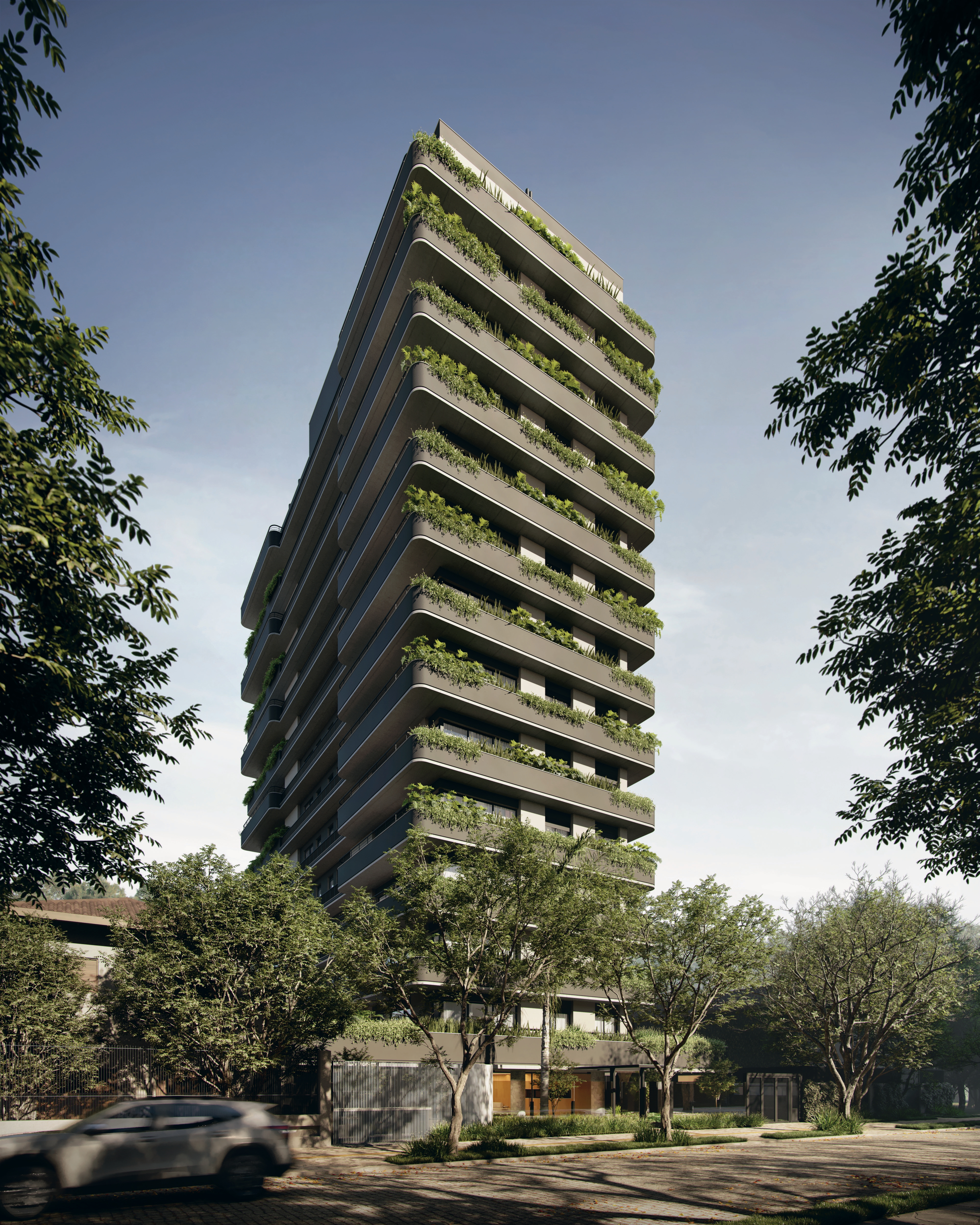 Fachada do Silent Petrópolis – edifício residencial de alto padrão em Porto Alegre com jardins verticais em cada andar