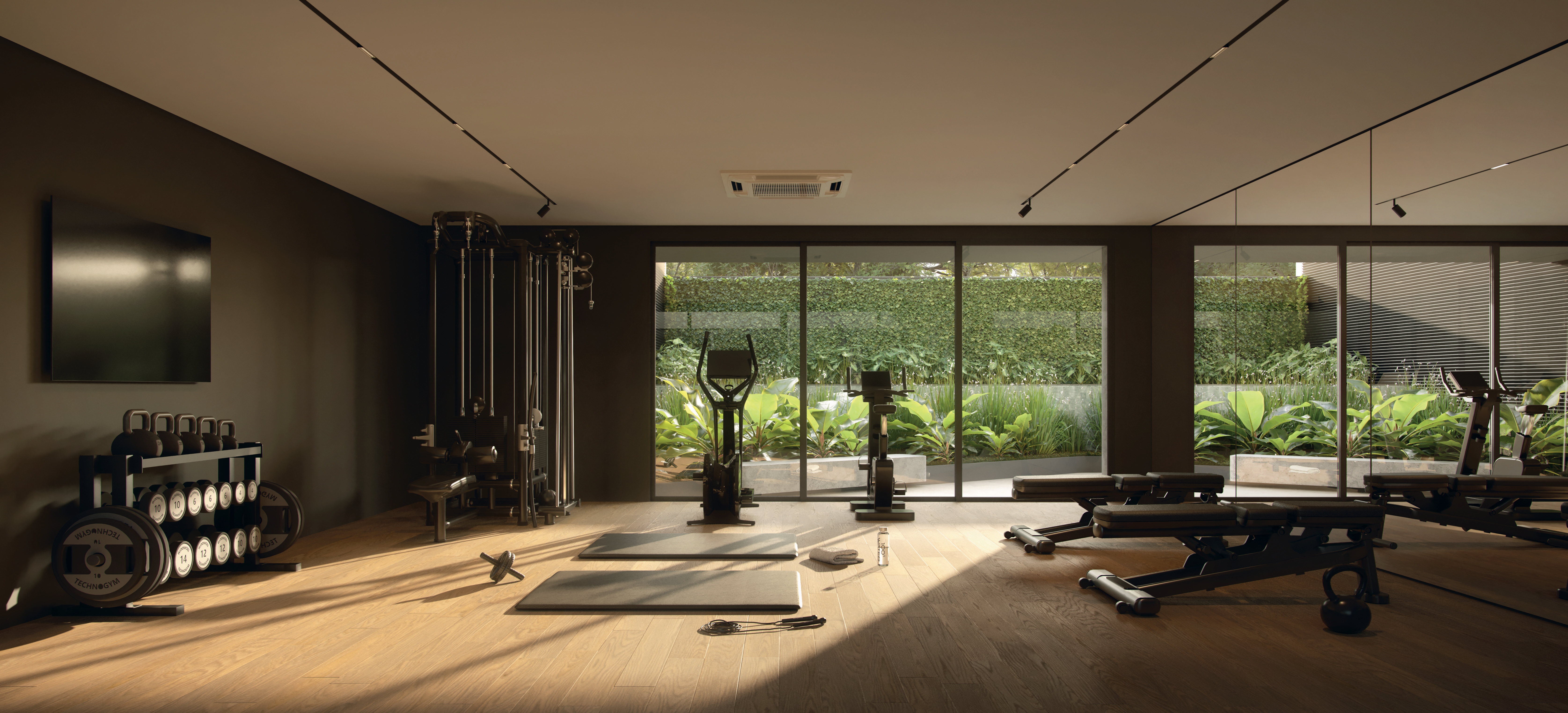 Academia com equipamentos profissionais e vista para o jardim – Silent Petrópolis