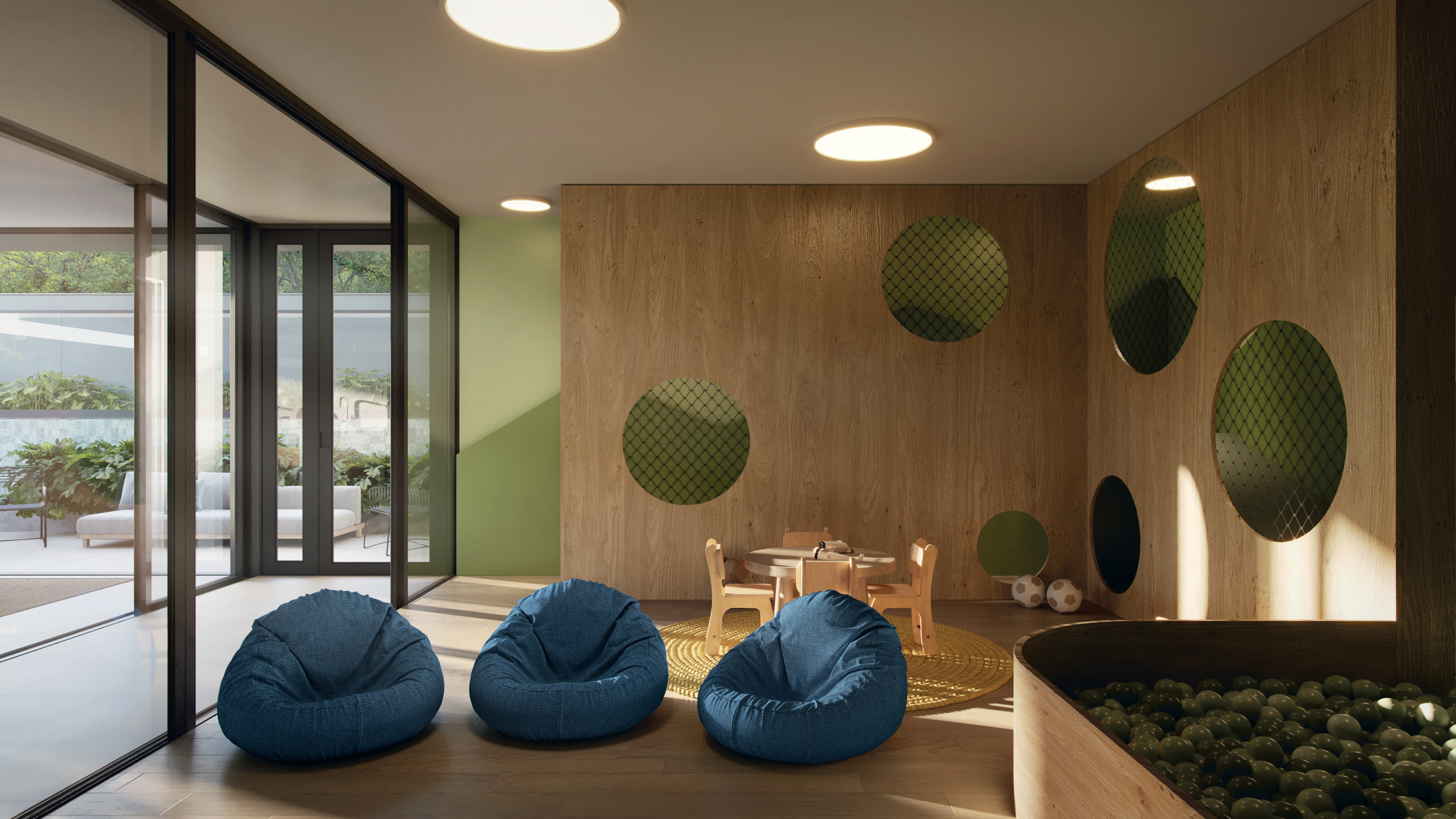 Espaço kids com puf, parede de madeira e jardim integrado – Silent Petrópolis