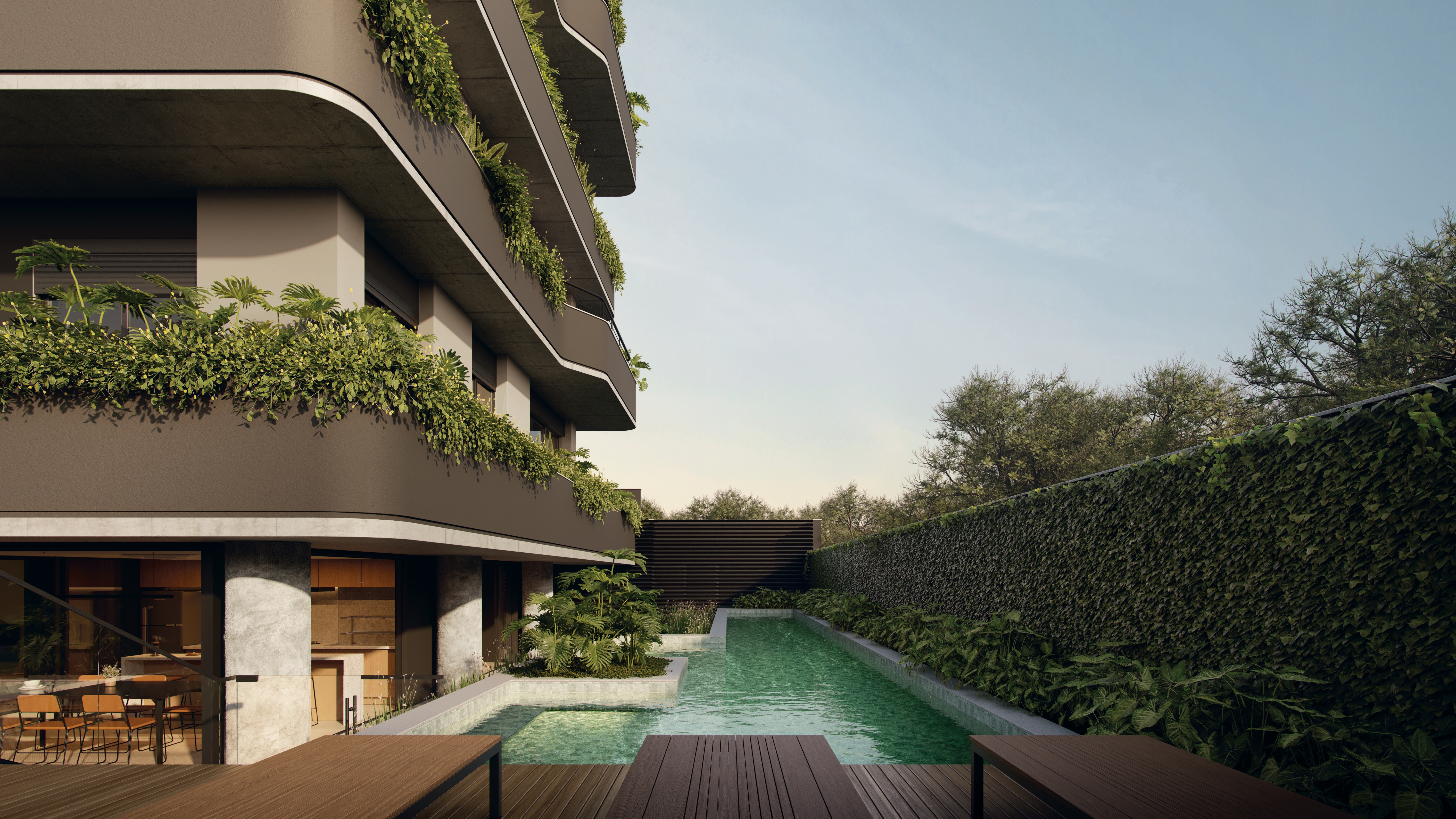 Piscina raia com espelho d'água, deck e jardins verticais – Silent Petrópolis