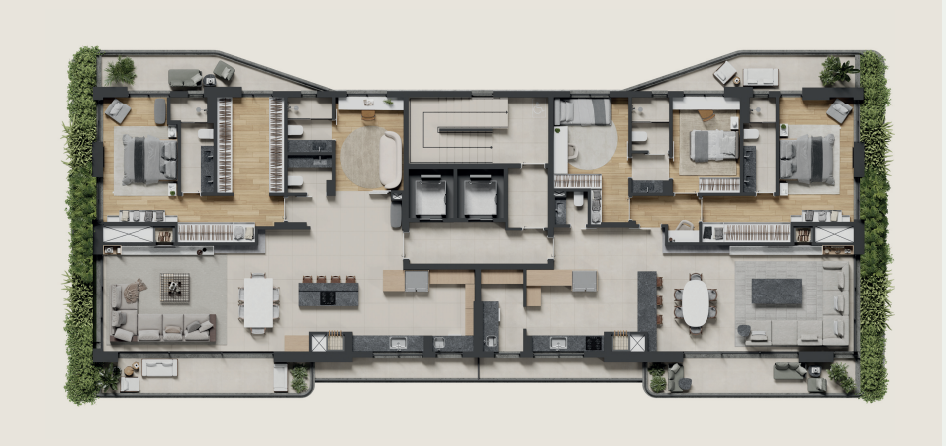 Planta alternativa 1 – Silent Petrópolis: living expandido, 3 suítes e 2 sacadas