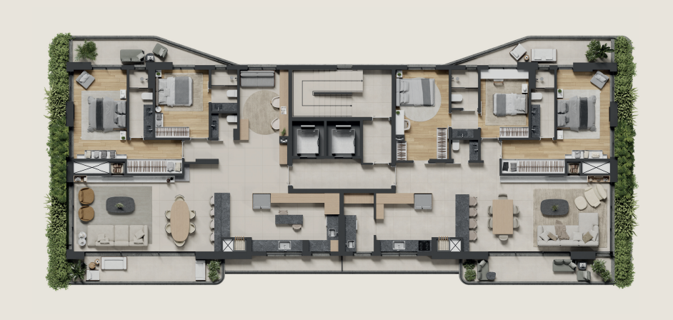Planta alternativa 2 – Silent Petrópolis: sacadas expandidas, 3 suítes e living integrado