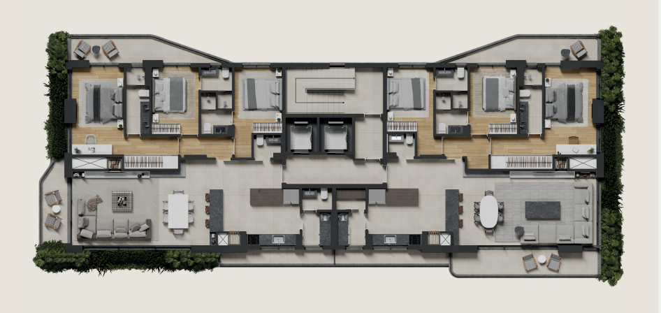 Planta tipo andares ímpares – Silent Petrópolis: 3 suítes, living integrado e 2 sacadas