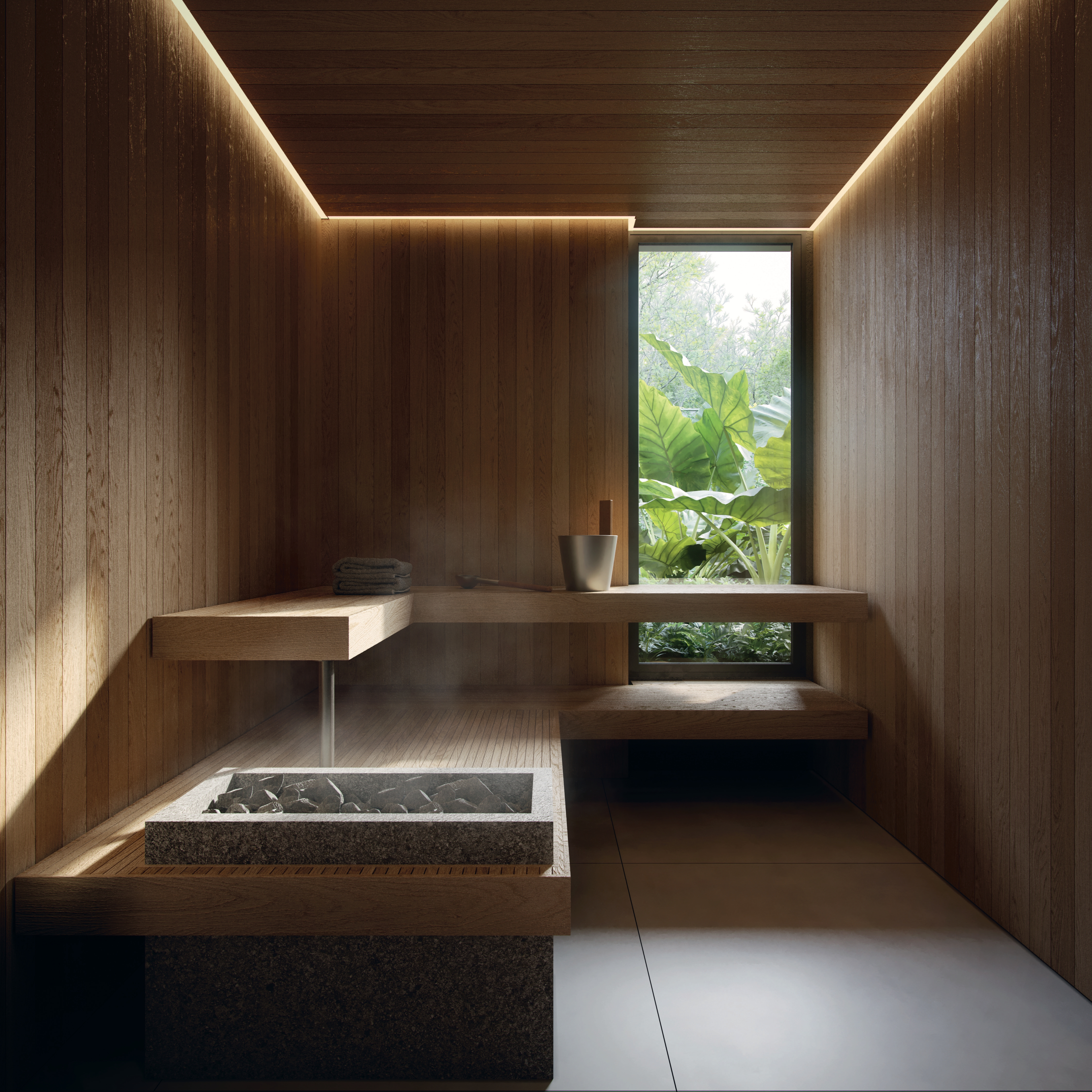 Spa e sauna com madeira natural e jardim visível – Silent Petrópolis