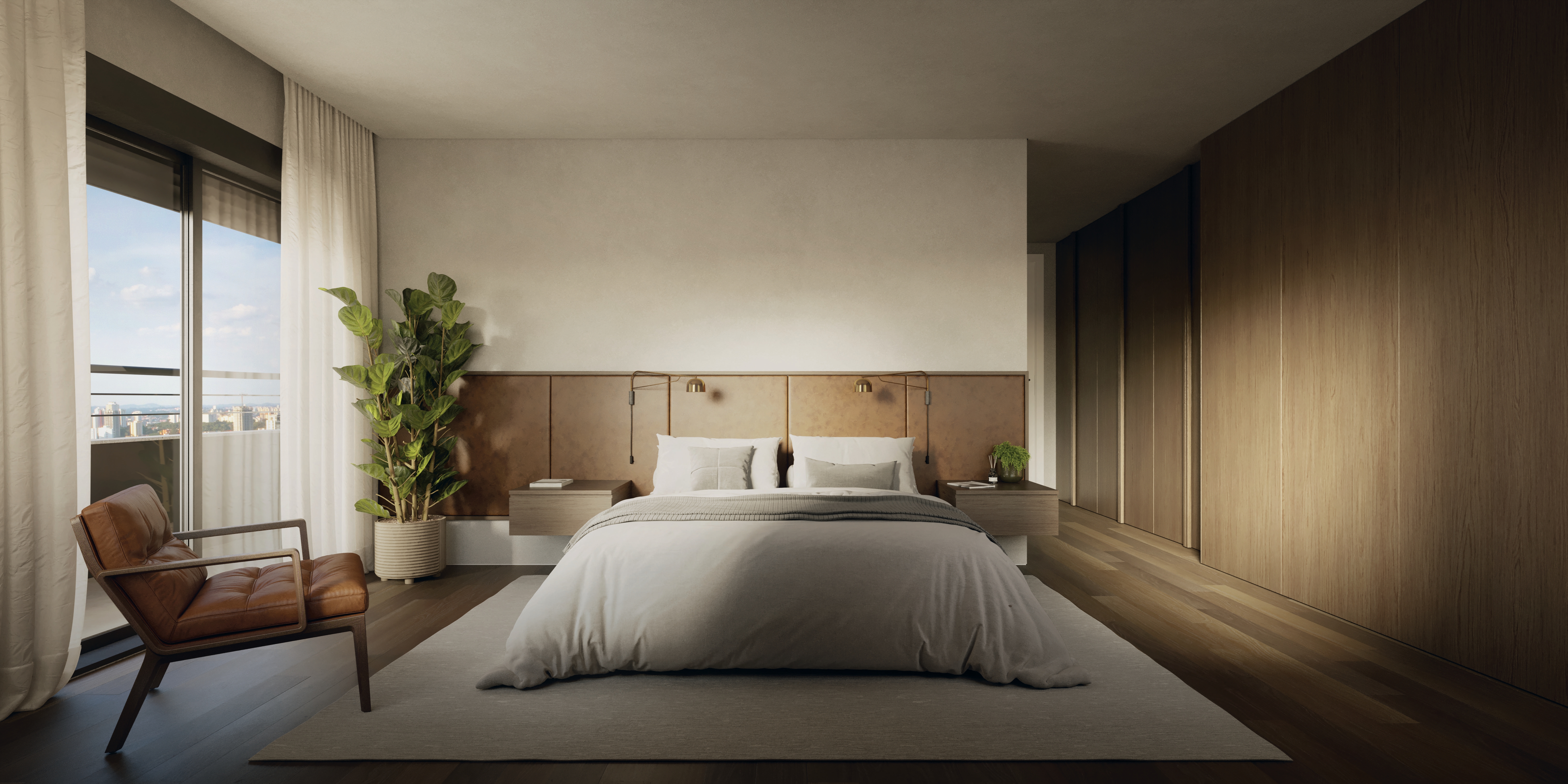 Suíte master com vista para a cidade, closet e cadeira de couro – Silent Petrópolis