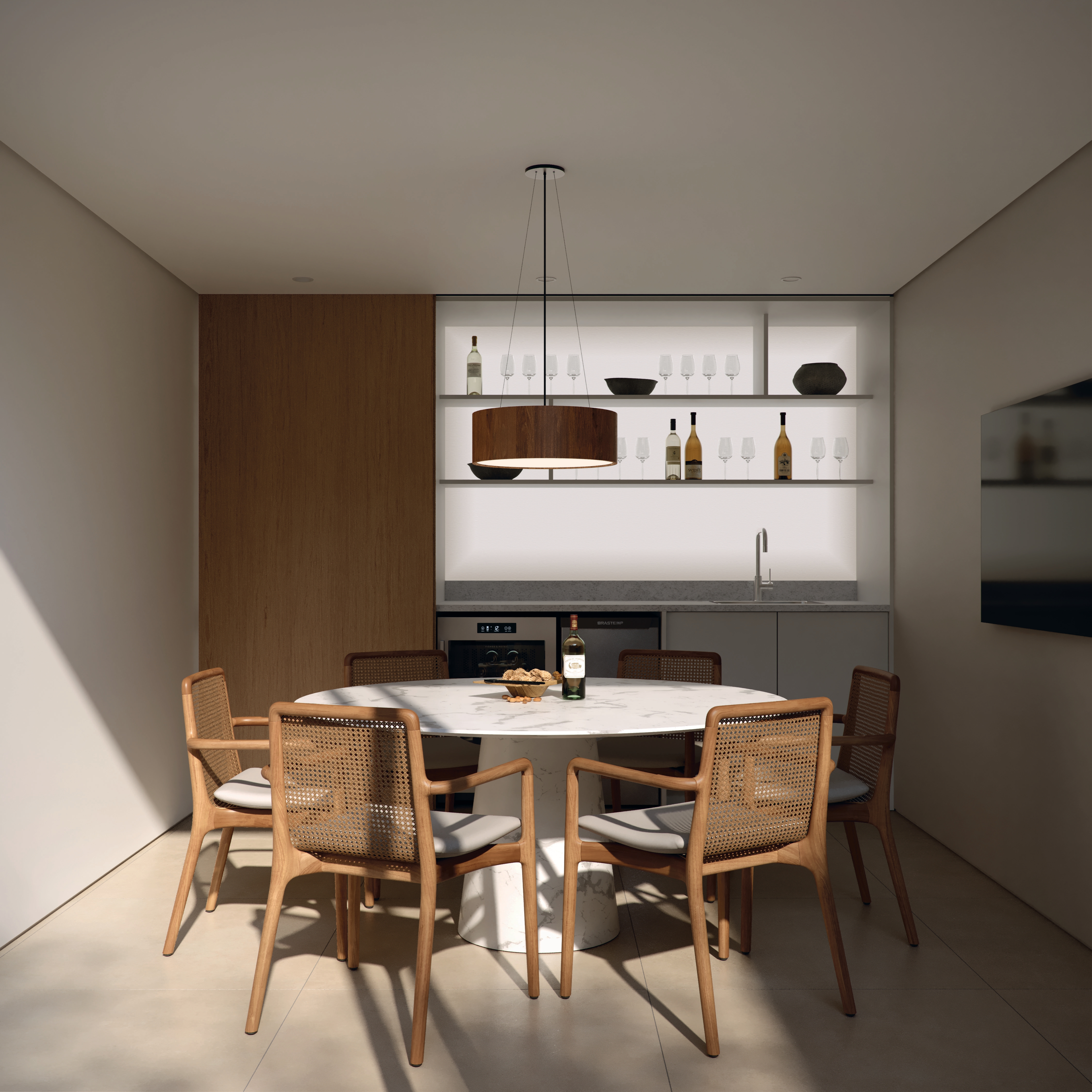 Salão wine e poker com mesa de mármore e adega climatizada – Silent Petrópolis