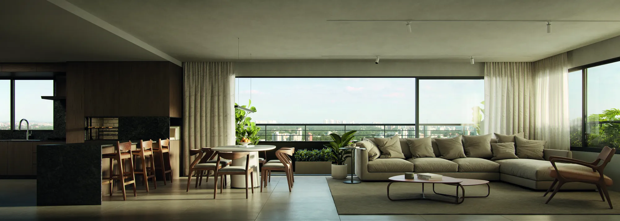 Living integrado à cozinha com vista